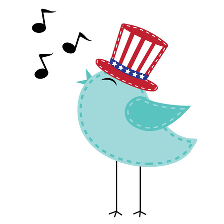 Patriotic bird wearing uncle sam hat singing with notes, transparent background, vector formatのイラスト素材