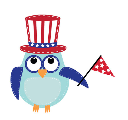 Owl wearing a patriotic uncle sams hat holding a flag, transparent background, vector format.のイラスト素材
