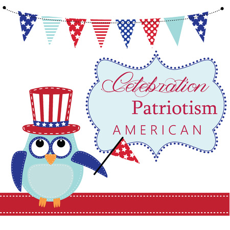 Owl wearing patriotic uncle sams hat holding a flag with patriotic bunting or banners and frame, layout for scrapbooking or card, vector formatのイラスト素材
