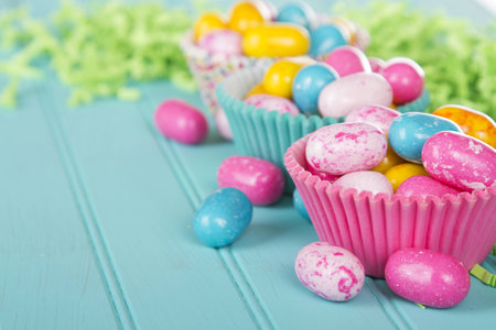 Easter Candy in colorful cupcake wrappersの写真素材