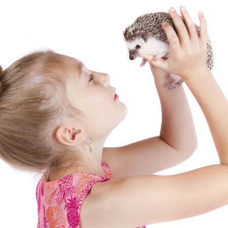 Close up of a young girl holding her pet hedgehog up in the air on an isolated white backgroundの写真素材