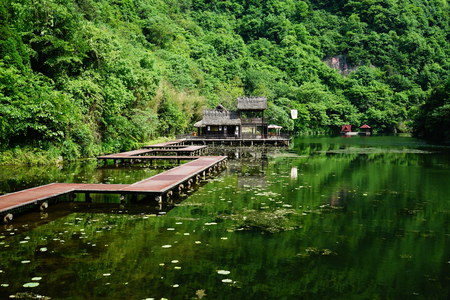 wooden house in a lakeのeditorial素材