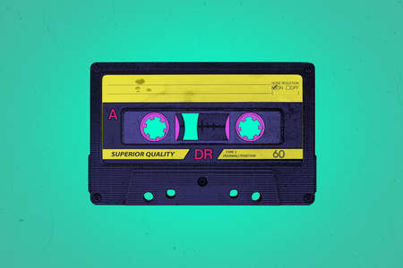 A retro 1990's or 1980's themed vibrant neon synthwave style audio cassette illustration background with copy spaceの写真素材