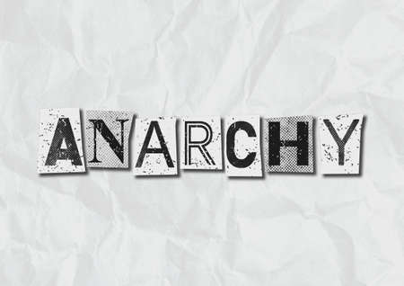A black and white text collage graphic illustration on the concept of anarchy, chaos and social disorder with copy spaceの写真素材