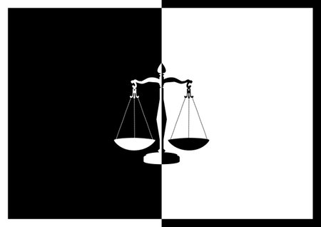 A black and white scales illustration logo design to symbolize balance, law and the concept of justiceの写真素材