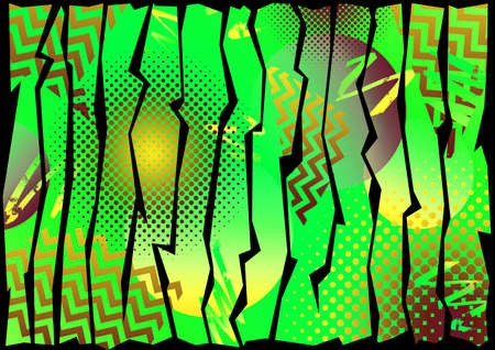 An eighties/nineties 80's/90's style vibrant yellow and green vertical stripe pop art effect design with zig zag, halftone and gradient elementsの写真素材