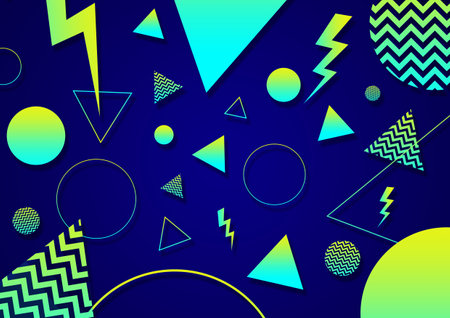 A green, blue and cyan retro vaporwave 90's style random geometric shapes with vibrant neon color palette on a radial gradient backgroundの写真素材