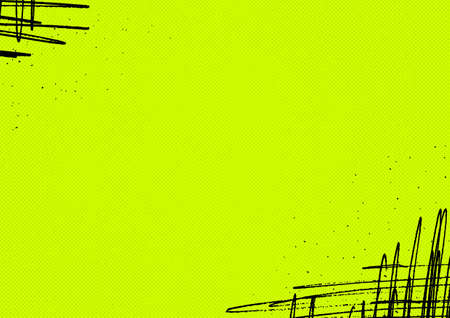 A vibrant green landscape retro design background with scribble strokes in the corners and a color halftone dot patternの写真素材