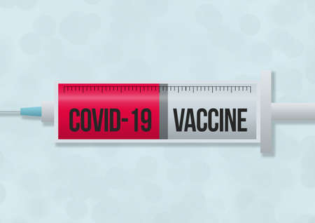 A landscape design with a Covid-19 (coronavirus) vaccine syringe in the center and subtle background texture with copy spaceの写真素材