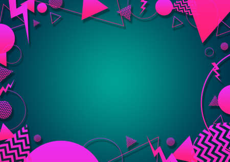 A green, pink and coral retro vaporwave 90's style random geometric shapes border with vibrant neon color palette on a radial gradient backgroundの写真素材
