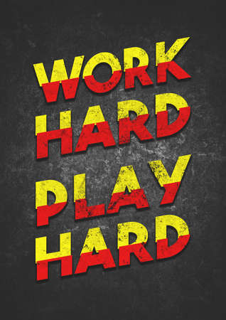 A bold and colorful motivational WORK HARD PLAY HARD mantra typographical graphic illustration with grunge backgroundの写真素材