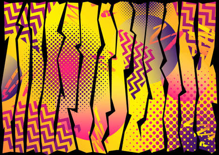 An eighties/nineties 80's/90's style vibrant orange, yellow, pink and purple vertical stripe pop art effect design with zig zag, halftone and gradient elementsの写真素材