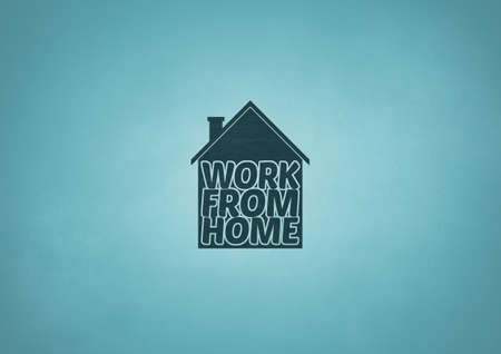 An illustration of a house containing the words work from home with copy space and subtle textures and aqua color paletteの写真素材