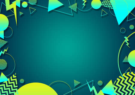 A green, cyan and yellow retro vaporwave 90's style random geometric shapes border with vibrant neon color palette on a radial gradient backgroundの写真素材
