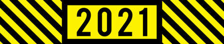 A bold black and yellow graphic "2021" text illustration to symbolize hazards and the dangers of Covid-19の写真素材