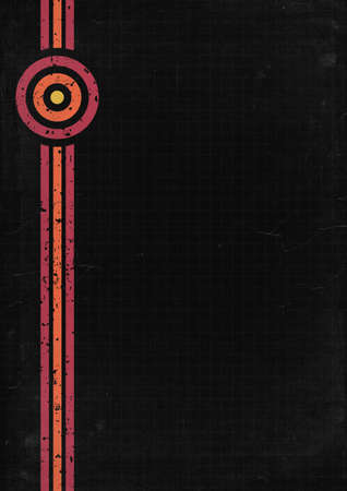 A retro 1970's or 1980's dark graphic background design for use as a product, poster or flyer background with orange and red stripes and rings with copy spaceの写真素材