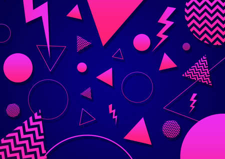 A blue, pink and coral retro vaporwave 90's style random geometric shapes with vibrant neon color palette on a radial gradient backgroundの写真素材