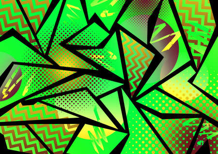 An eighties/nineties 80's/90's style vibrant yellow and green pop art effect design with zig zag, halftone and gradient elementsの写真素材