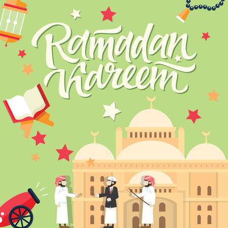 Vector - Islamic Ramadan Kareem greeting card with people, mosque and Islams shapesのイラスト素材