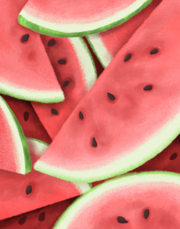 Watermelon slices. Pastel or watercolor painting.の写真素材