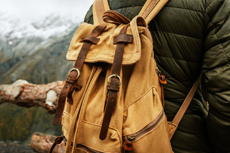 Hipster brown backpack traveler close up in mountains. Travel, freedom, lifestyle concept....