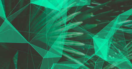 Palm tree foliage. Vintage background. Travel card. Retro toned. Soft focus. Macro photography. Geometric Abstract design. Polygonal tropical background.の写真素材