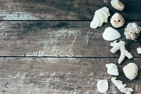 Seashells on the vintage wooden background. Summer wallpaper.の写真素材