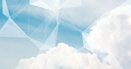 Abstract blurred background blue sky with white clouds in sunlight and geometric poligons texture. Summer background. Beautiful backdrop for for webdesign. Abstract Plexus Background.の写真素材