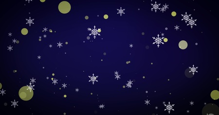 Golden confetti snowflakes and bokeh lights in ray of light on the blue Merry Christmas background. Magical Happy new year texture. 3D renderingの写真素材