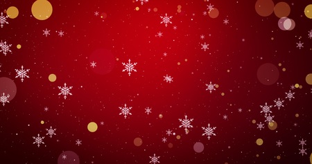 Golden confetti snowflakes and bokeh lights in ray of light on the red Merry Christmas background. Magical Happy new year texture. 3D renderingの写真素材