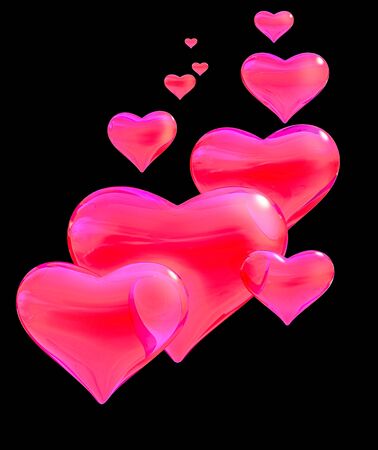 Group of glossy translucent red hearts on a black background.の写真素材