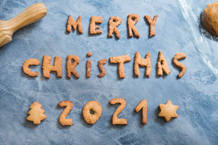 Christmas cookies with the letters Merry Christmas 2021の写真素材