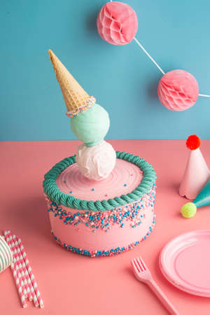 Birthday cake for boys and girls with ice cream cone, for party party