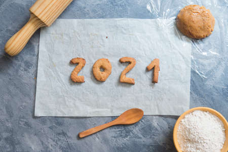Christmas cookies with the letters Merry Christmas 2021の写真素材