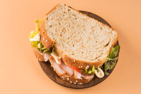 Sandwich of tomato, lettuce and smoked turkeyの写真素材