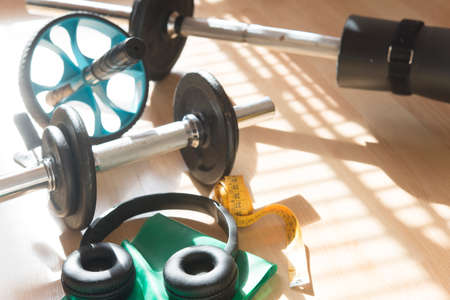 weights fitness for home with sunsetの写真素材