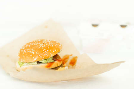Street food The beef cutlet burgers. Food delivery.の写真素材