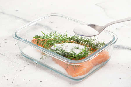 Marinated salmon sugar, salt and fennelの写真素材