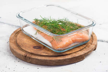 Marinated salmon: sugar, salt and fennelの写真素材