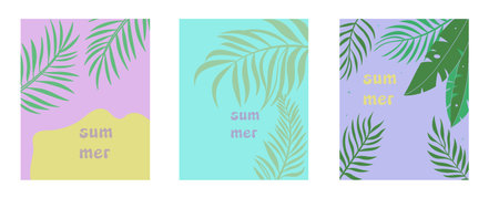 Tropical summer posters set with palm leaves and pastel backgrounds, modern flat design cards with botanical elements and minimal text, vibrant vacation theme templates for social