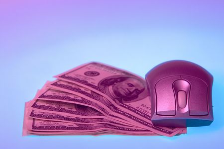 Online banking concept. Can symbolize costs of computers, costs of problem computers, or online banking etc. Focus on the mouse.の写真素材