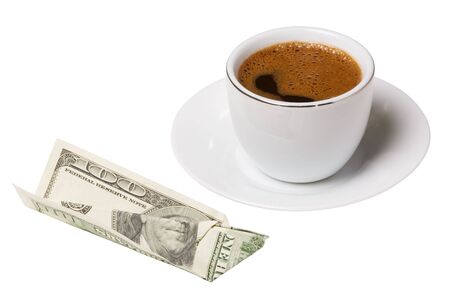 Coffee cup and 100 dollars on white background. Isolated.の写真素材