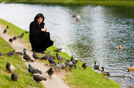 Mature woman feeding birds in the parkの写真素材