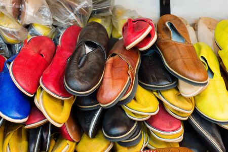 Colorful arabic shoes alignment in a shopの写真素材