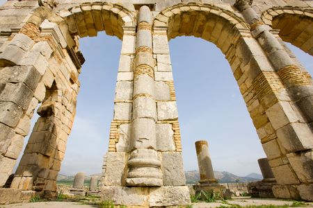 Volubilis is the best preserved Roman site in Morocco, and features some brilliant mosaics. It was declared a UNESCO World Heritage site in 1997.の写真素材