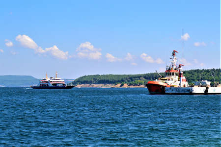 Ships and Marmara See. Turkey: Public transportation ship in Canakkale, Dardanelles. Sunny day and...