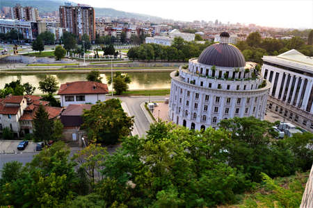 Skopje city view from Ottoman Castle..Skopje buildings in city Center and huge cross in Vodno Mountainのeditorial素材