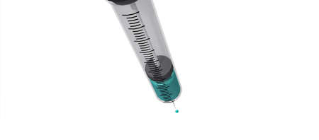 Vaccine investigation against Covid-19 Pandemic. Plastic medical syringe with needle and vaccine. Isolated with background. 3D rendering. Covid-19 shadows typing.の写真素材