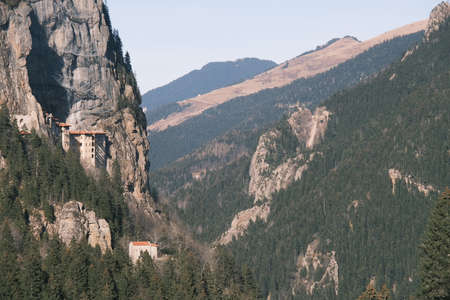 Sumela monastery, wide angle photo from hill, local name is sumela monastery and ancient church