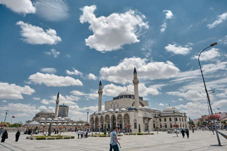 27.07.2021. Konya. Turkey. Selimiye mosque and mevlana mosque local name is selimiye and mevlana mosques at cloudy sky at summer with local people.のeditorial素材